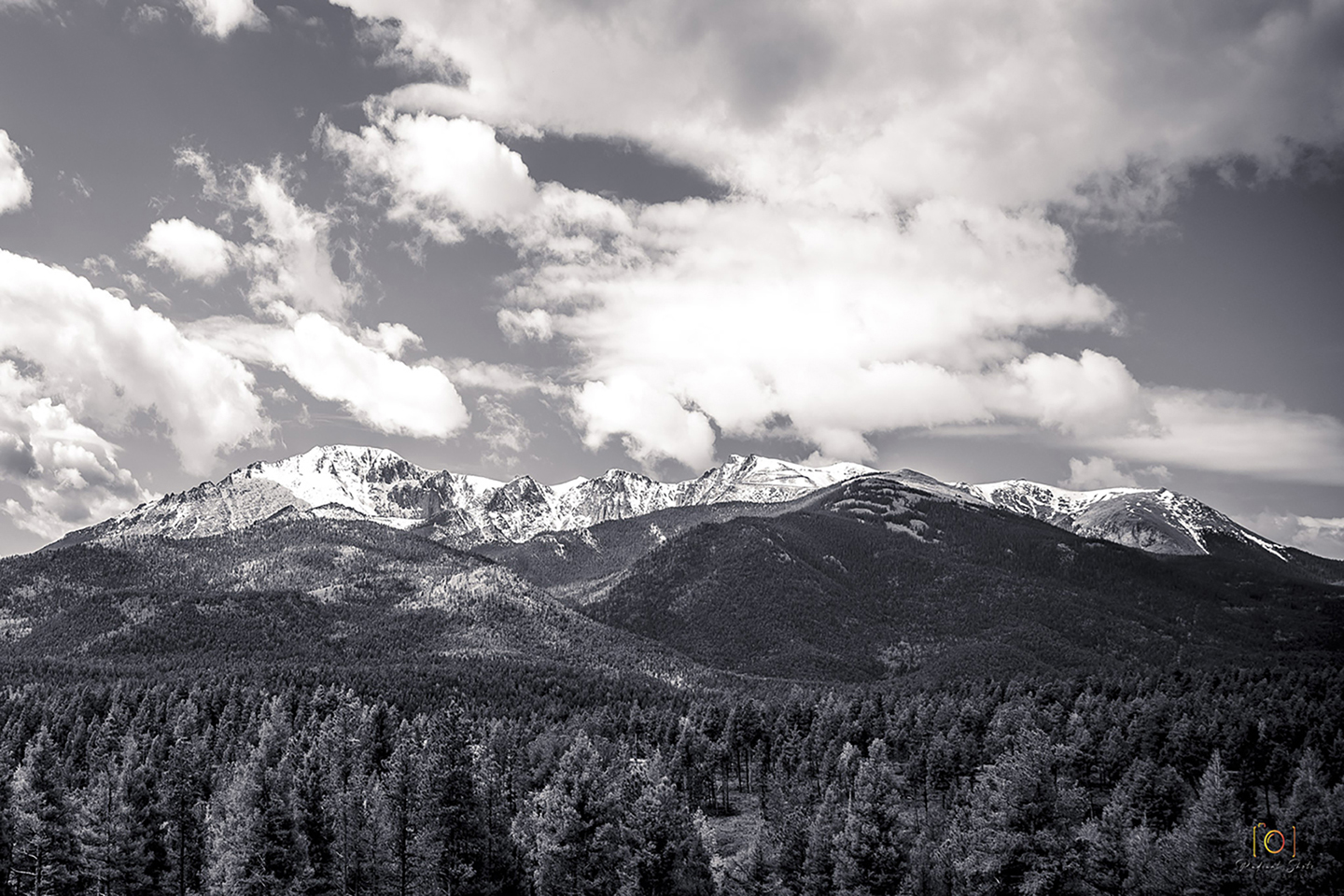 Black and White photograph of Pikes Peak mountain