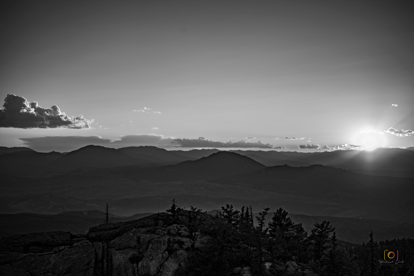 Black and White photograph of a stunning sunset at Devils Head fire lookout looking west